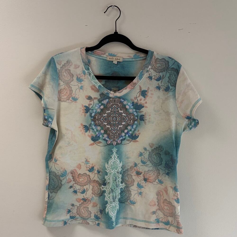 Xcit USA Y2K 90's Vintage Boho Indie V-neck Baby Tee Size Mandala Print Size XL